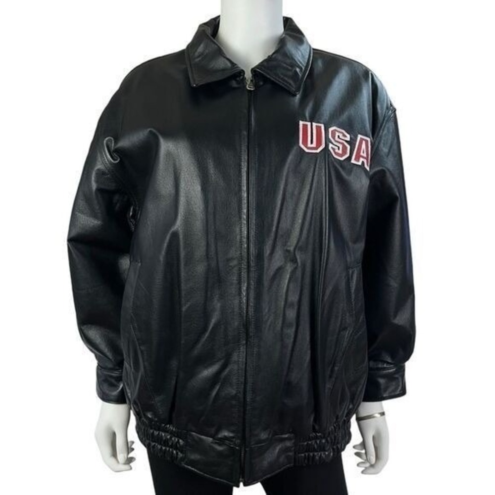 USA American Flag Genuine Leather Bomber Jacket Black Patriotic Women Vintage XL